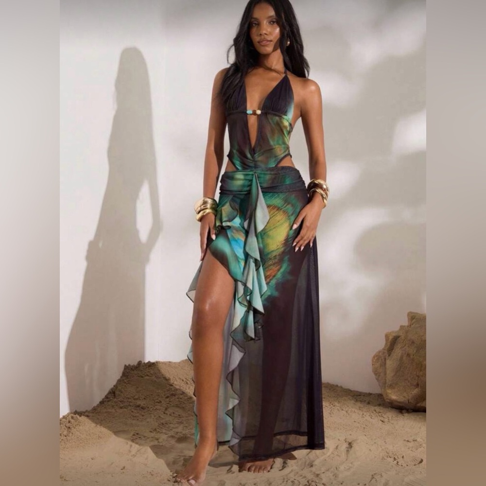 SHEIN Green Teal Black High-Low Halter Maxi Dress